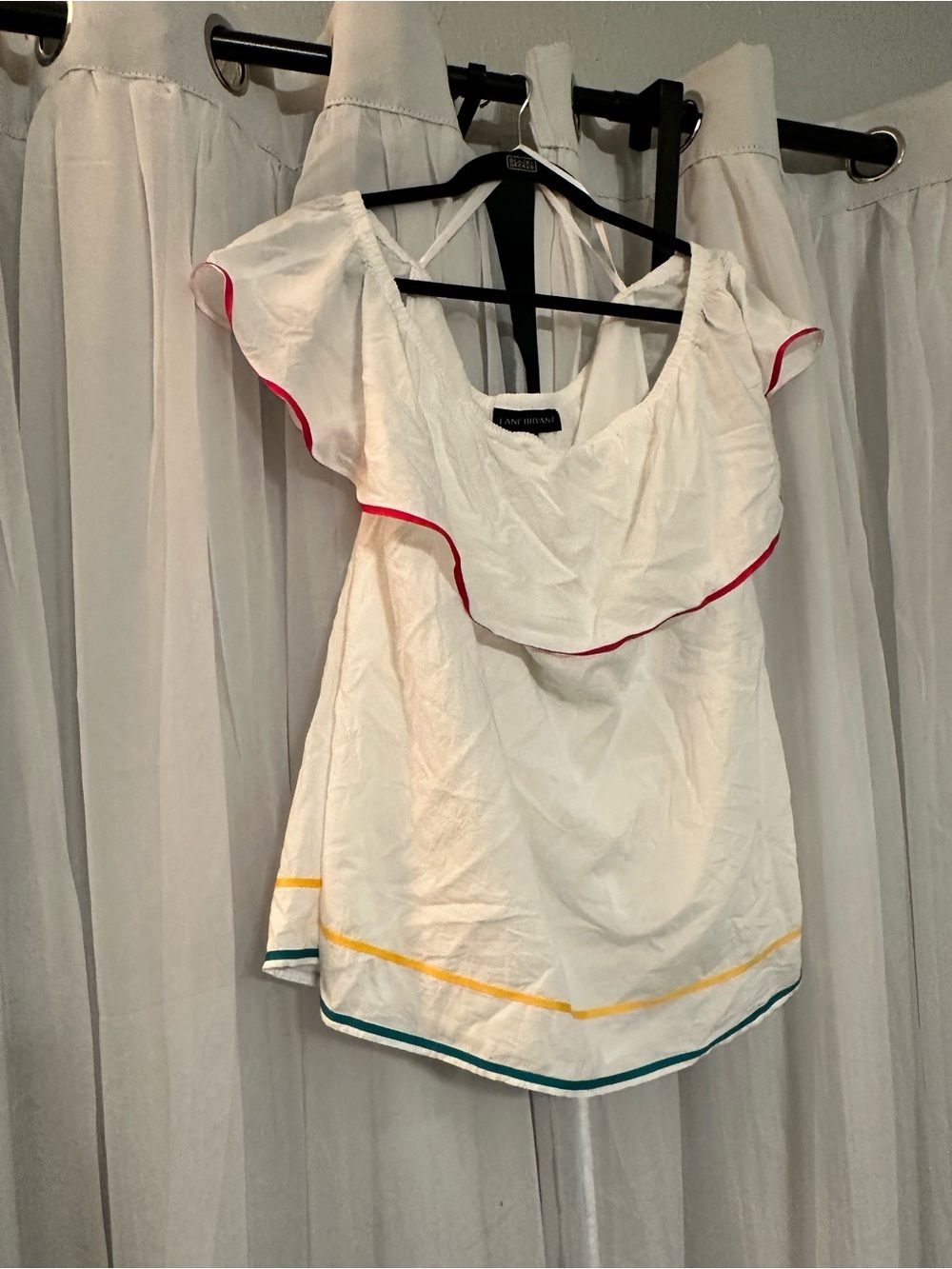 White Ruffle Off-Shoulder Top with Color Trim 100% Cotton